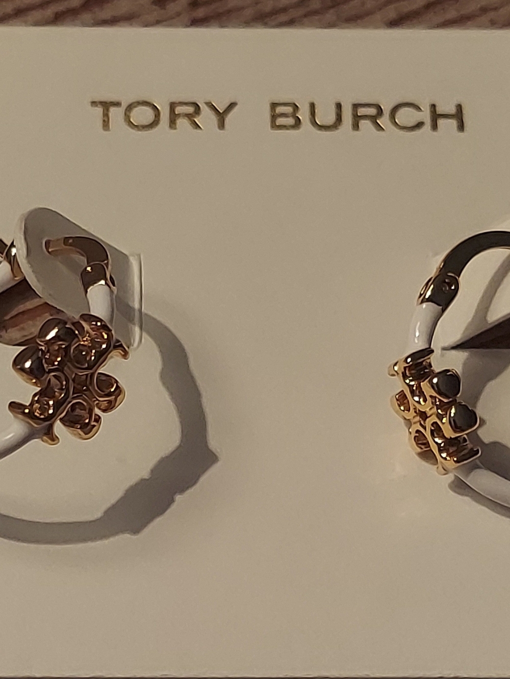 Tory Burch White Enamel Hoop Earrings with Gold Accents - Picture 2 of 4